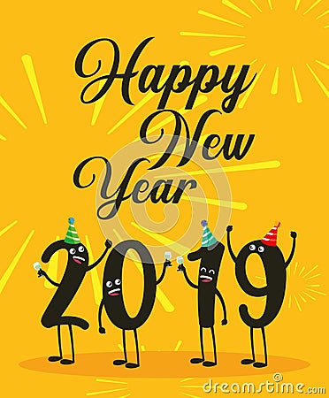 Happy new year 2019 kawaii character Vector Illustration