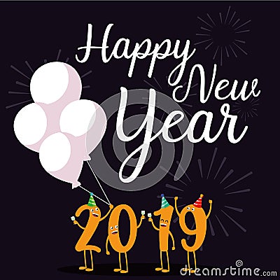 Happy new year 2019 kawaii character Vector Illustration