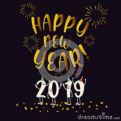 Happy new year 2019 kawaii character Vector Illustration