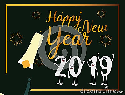 Happy new year 2019 kawaii character Vector Illustration