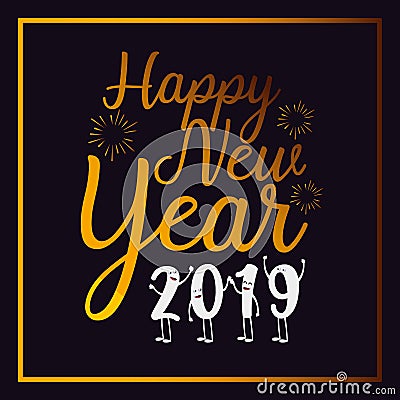 Happy new year 2019 kawaii character Vector Illustration