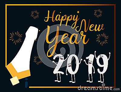 Happy new year 2019 kawaii character Vector Illustration