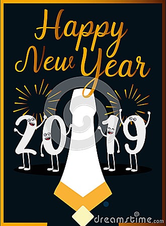 Happy new year 2019 kawaii character Vector Illustration