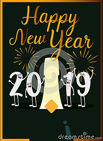 Happy new year 2019 kawaii character Vector Illustration