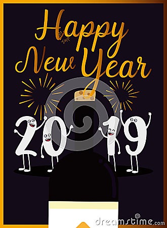 Happy new year 2019 kawaii character Vector Illustration