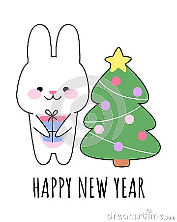 Happy new year. Kawaii rabbit with gift and christmas tree. Bunny is a symbol of the year 2023 according to the Chinese Vector Illustration