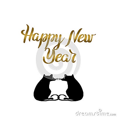 Happy New Year lettering golden color, typography label and silhouette rats on white background. Cartoon Illustration