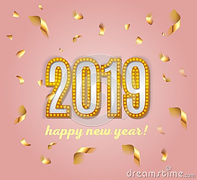 2019 happy new year lettering luxury premium light bulb text template with golden confetti in pink elegant background Vector Illustration