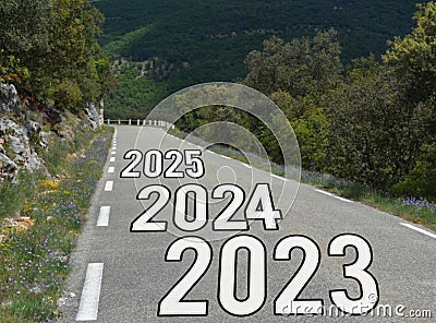 Happy New Year 2023, 2024, 2025, Lettering On Road. Stock Photo