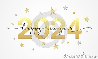 Happy New Year 2024 lettering script and golden glitter of stars Vector Illustration