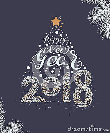 Happy New Year 2018 lettering text. Christmas tree decoration template mockup greeting card Vector Illustration