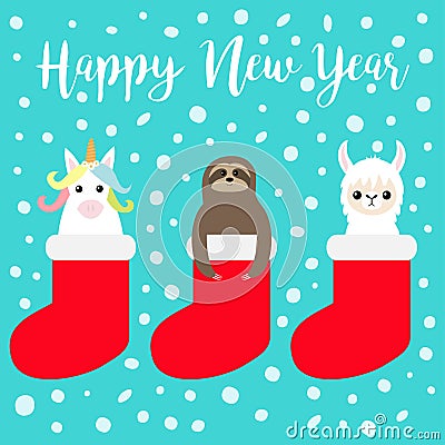 Happy New Year. Llama alpaca, sloth, unicorn in red sock. Snow flake. Merry Christmas. Cute cartoon funny kawaii character. T- Vector Illustration