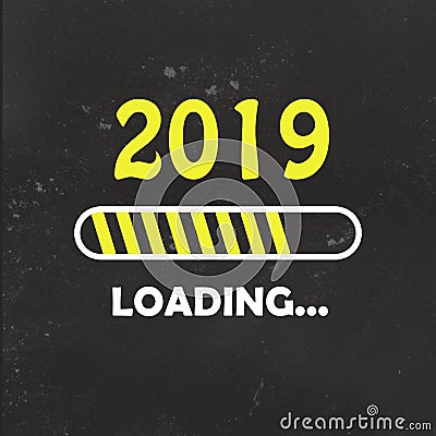 Happy new year 2019 with loading icon neon style. Progress bar almost reaching new year`s eve. illustration with 2019 loading. Cartoon Illustration