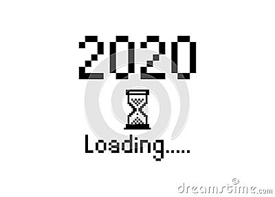 Happy new year 2020 with loading icon pixel art bitmap style. Progress bar almost reaching new year`s eve. Vector flat design 2020 Vector Illustration