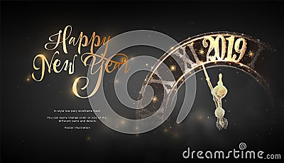 Happy New Year 2019. Low poly wireframe art on blackbackground. Concept for holiday or magic or miracle. Effect Starry sky. Vector Illustration