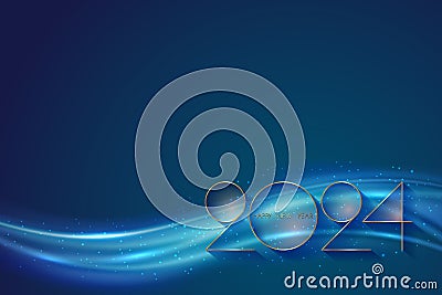 Happy new year 2024 luxury golden thin numerals and shiny wave design on blue background. Happy Holyday number, Gold foil Vector Illustration