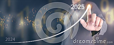 Happy new year 2025. A man draws a rising graph, line, from the end of 2024 rises to the start of 2025. New coming year, journey, Stock Photo