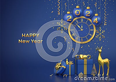 Happy New 2024 Year. Merry christmas card. Blue Christmas bauble balls with gold numbers 2024, snowflakes. Watch with Roman Stock Photo