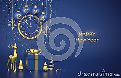 Happy New 2024 Year. Merry christmas card. Blue Christmas bauble balls with gold numbers 2024, snowflakes. Watch with Roman Vector Illustration