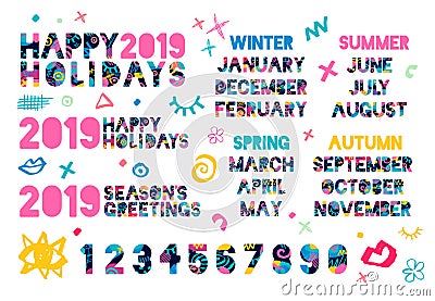 Happy New Year 2019, Merry Christmas. Colorful hand drawn vector illustration Vector Illustration