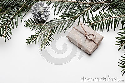 2021 Happy New Year Merry Christmas decoration flat banner. Gift box red ribbon silver bells spruce branch top view. Boxing day te Stock Photo