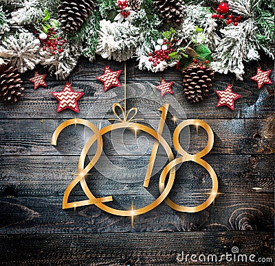 2018 Happy New Year and Merry Christmas Frame with Snow and rea Stock Photo