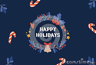 Happy new year and Merry Christmas holiday card. Postcard templates with gifts, socks, Christmas sticks on a dark background Vector Illustration
