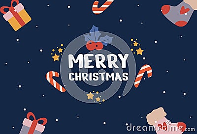 Happy new year and Merry Christmas holiday card. Postcard templates with gifts, socks, Christmas sticks on a dark background Vector Illustration