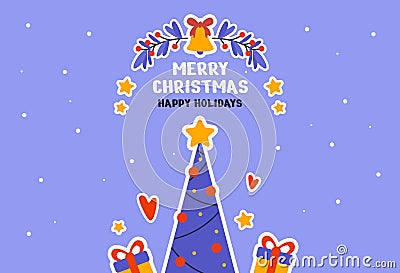 Happy new year and Merry Christmas holiday card. Postcard templates with Christmas tree, gifts, socks, Christmas sticks Vector Illustration