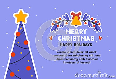 Happy new year and Merry Christmas holiday card with text. Postcard templates with Christmas tree, gifts, socks, Christmas sticks Vector Illustration