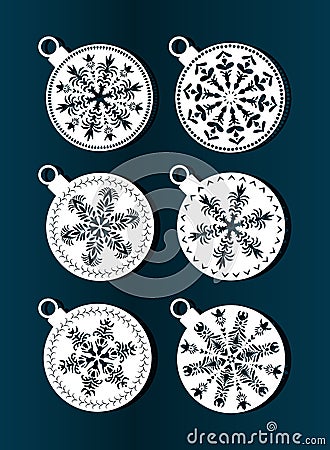 Happy New Year, Merry Christmas, Laser Cut. Set of Christmas decorations. Isolated fishnet objects of toys, balls. Vector Illustration