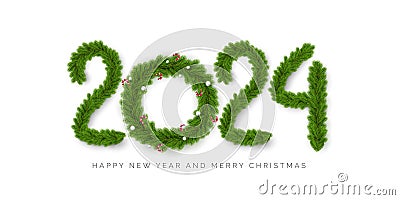 Happy New 2024 Year and merry Christmas. 2024 lettering by spruce branch and Xmas wreath instead zero with Christmas balls and Vector Illustration