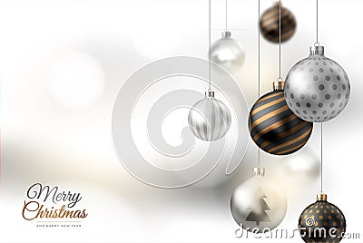 Happy New Year and Merry Christmas. Light background with realistic Xmas balls. Season winter. Vector Illustration