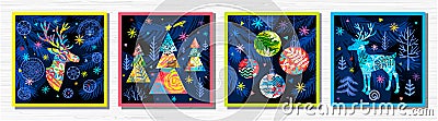 Happy New Year, Merry Christmas, Noel colorful greeting banner. Christmas tree branches decoration ball snowflakes frost Vector Illustration