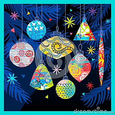 Happy New Year, Merry Christmas, Noel colorful greeting banner. Christmas tree branches decoration ball snowflakes frost Vector Illustration