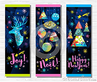 Happy New Year, Merry Christmas, Noel greeting quote sign lettering banner. Christmas tree branch colorful decoration Vector Illustration