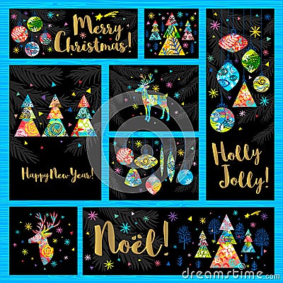 Happy New Year, Merry Christmas, Noel lettering collection. Christmas tree branch colorful decoration, snowflakes stars Vector Illustration
