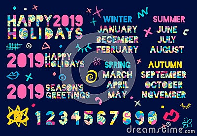 Happy New Year 2019, Merry Christmas r. Colorful hand drawn vector illustration Vector Illustration