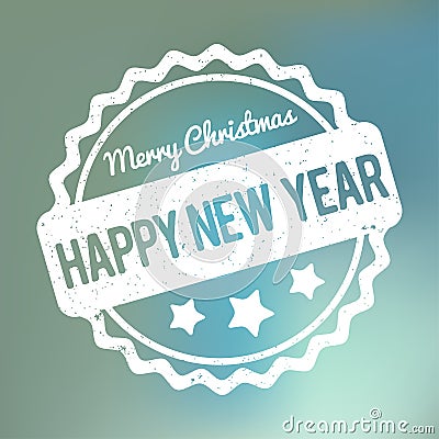 Happy New Year Merry Christmas rubber stamp award vector white on a blue bokeh background Vector Illustration