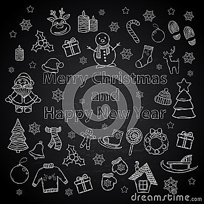 Happy New Year and Merry Christmas set on a chalk Vector Illustration