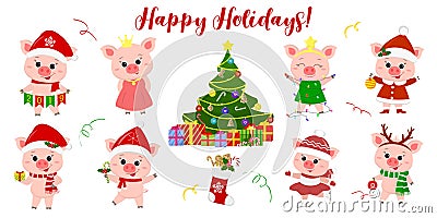 Happy New Year and Merry Christmas. A set of eight cute pigs in different costumes and poses. Christmas tree and gifts. Symbol of Vector Illustration