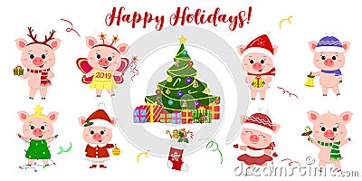 Happy New Year and Merry Christmas. A set of eight cute pigs in different costumes and poses. Christmas tree and gifts. Symbol of Vector Illustration