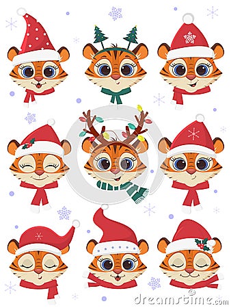 Happy New Year and Merry Christmas. A set of nine tiger heads in carnival hats and scarves of Santa Claus on a Vector Illustration