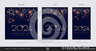 2024 Happy New Year Merry Christmas social media backgrounds design with fireworks - stories, square, portrait feed post custom Vector Illustration