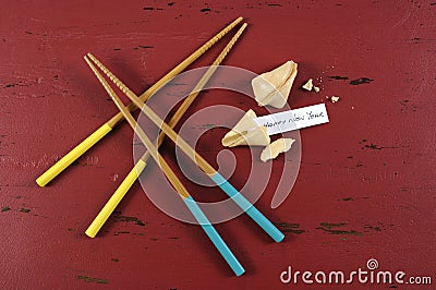 Happy New Year message greeting inside Chinese New Year fortune cookie Stock Photo