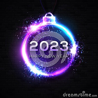 Happy New Year neon card on black brick Vector Illustration