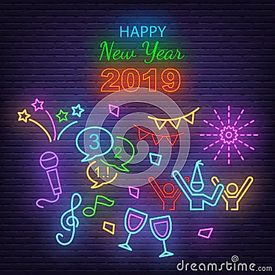 Happy new year neon icons Vector Illustration