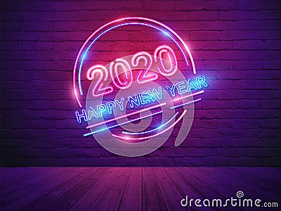 2020 happy new year with neon light alphabet on brick wall room background Vector Illustration