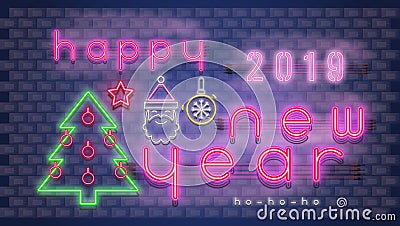 Happy New Year Neon Set Vector Illustration