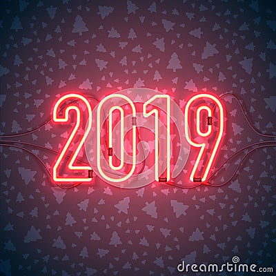 Happy New Year with neon sign 2019 on dark background. Christmas related ornaments objects on color background. Greeting Card Stock Photo